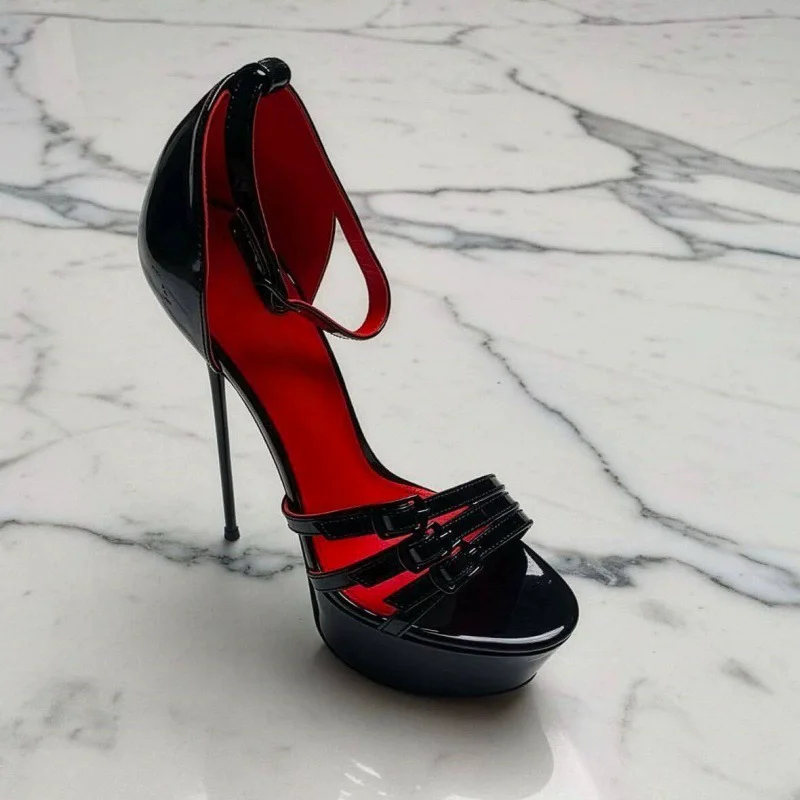 Été nouveau bout rond en cuir verni fine sangle plate-forme imperméable sandales sexy banquet grande taille mince chaussure à talons hauts pour femmes