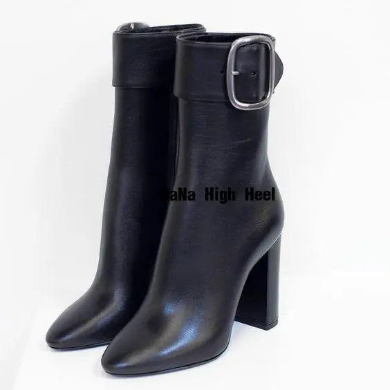 Design Sexy Leather Chunky High Heel Zip Boots Women Party Pointed Toe Fashion Ankle Boots Spring Lady Dress Shoes Buckle
