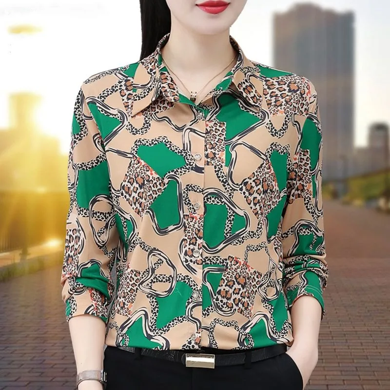 Spring and Autumn Women's Polo Collar Single Breasted Leopard Pattern Dot Geometry Contrast Color Long Sleeve Cardigan Tops