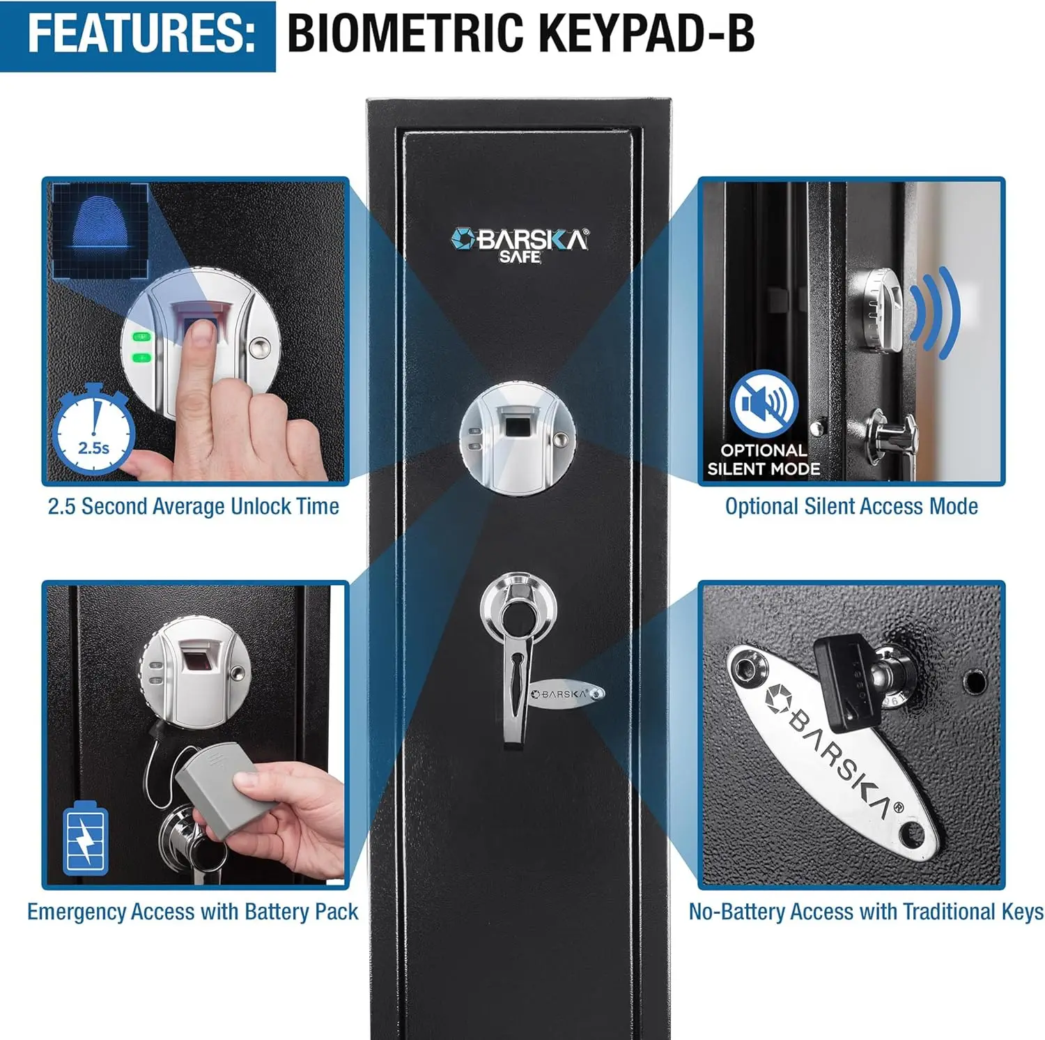 

Silent BARSKA Biometric Gun Safe for Rifles Quick Easy Access Fingerprint Lock Removable Shelf Home Security
