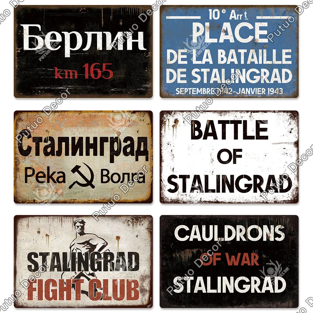 Putuo Decor Russian Stalingrad WW II History Metal Tin Sign Vintage Landmark Decorative Plaque for Bar Club Man Cave Wall Decor