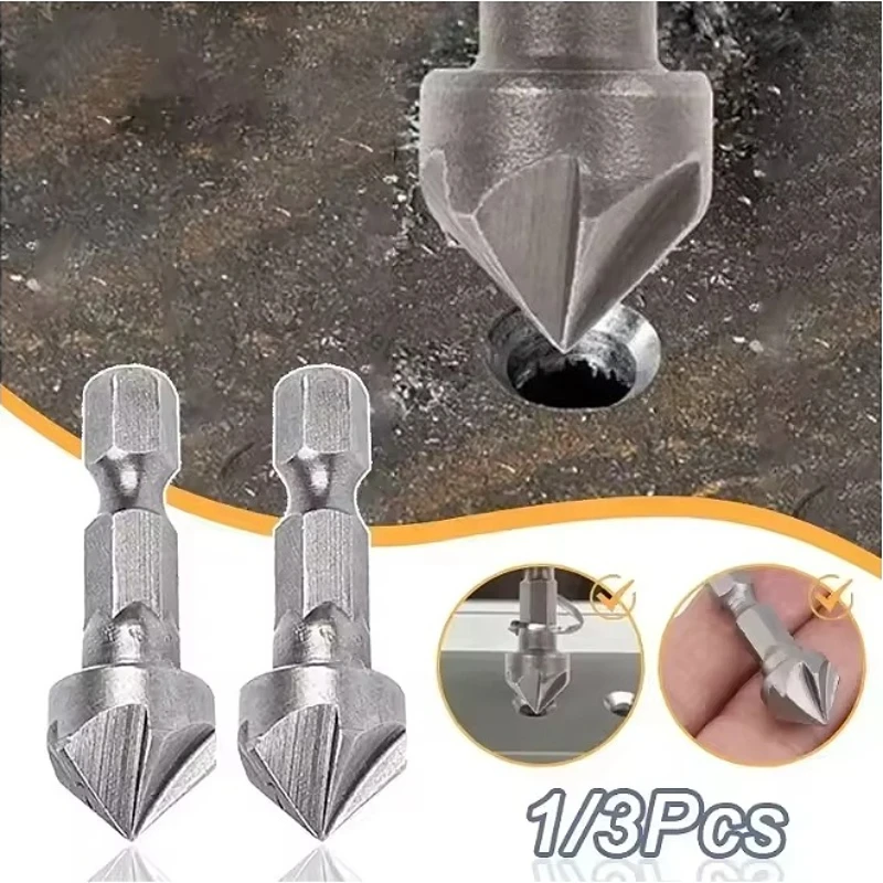 Six Flute Drill Bit 90 Degree Bevel Recessed Chamfer Bit Hex Countersink Debur 1/4\