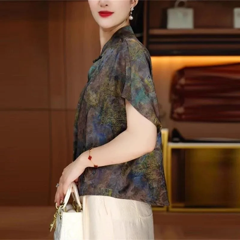 Women's Retro Pattern Short Sleeve Mandarin Collar Blouse Casual Traditional Style Top
