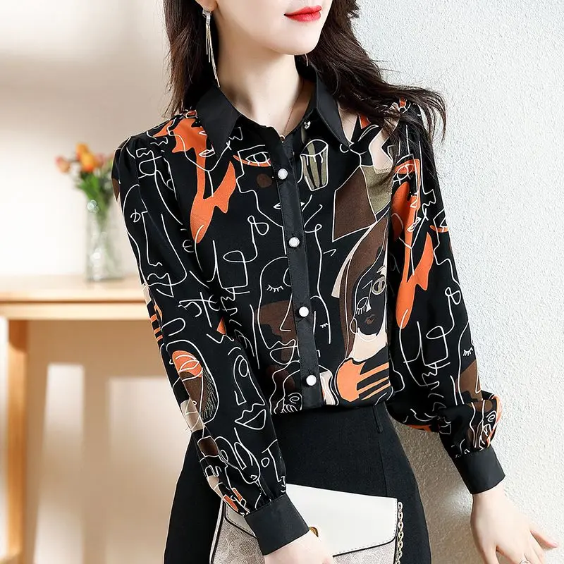 Fashion Printed Shirt 2023 Spring Autumn Commute Single-breasted Casual Korean Polo-Neck Spliced Women\'s Clothing Loose Blouse