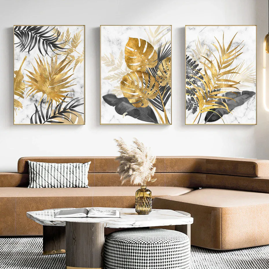 

Triple Modern Luxury Golden Leaf Art Banana Leaf Corridor Canvas Painting Living Room Sofa Background Wall Decorative Painting