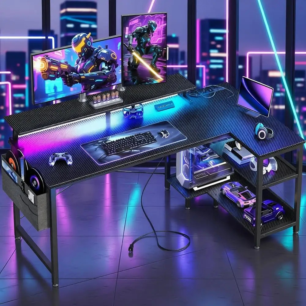 مكتب ألعاب على شكل حرف L قابل للعكس مع منافذ USB وأضواء LED وأرفف تخزين وحامل شاشة - مكتب ألعاب زاوية سوداء مع Po