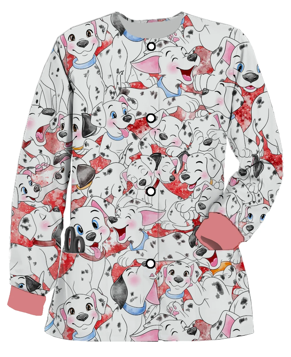 Spring Disney Dalmatians Work Uniform Cardigan Round Neck Pocket Warm Scrub Jacket Nurse Care Worker Cartoon Coat