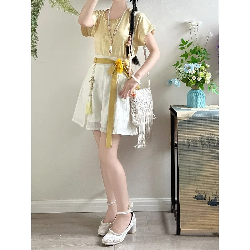 

Summer Tang Style Hanfu Women Tank Collar Short Top Improved Shorts Daily Commute Set