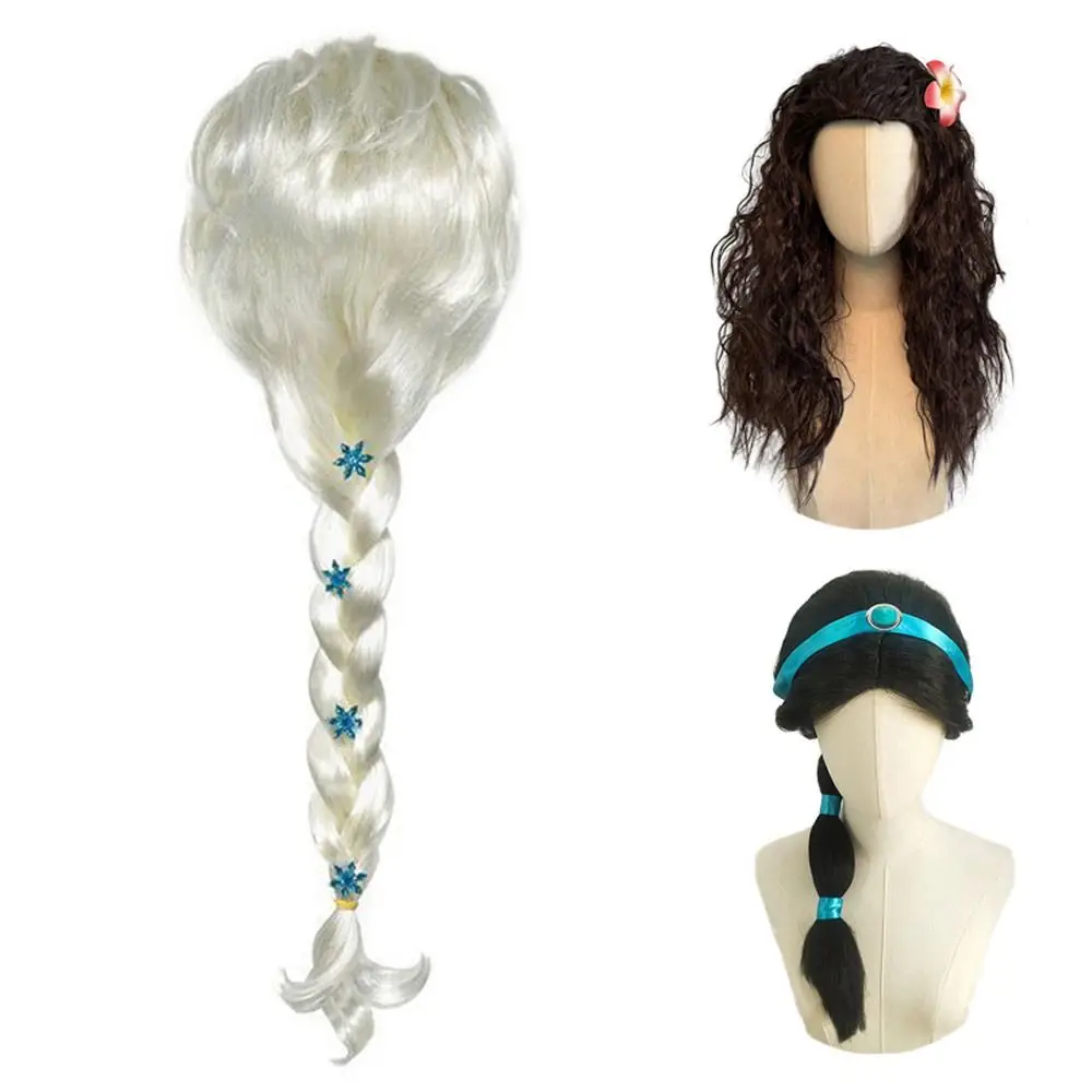 Moana Dress Up Wig Little Mermaid Elsa Head Cover Wig Hairpiece with Water Drop Clip Masquerade Cosplay