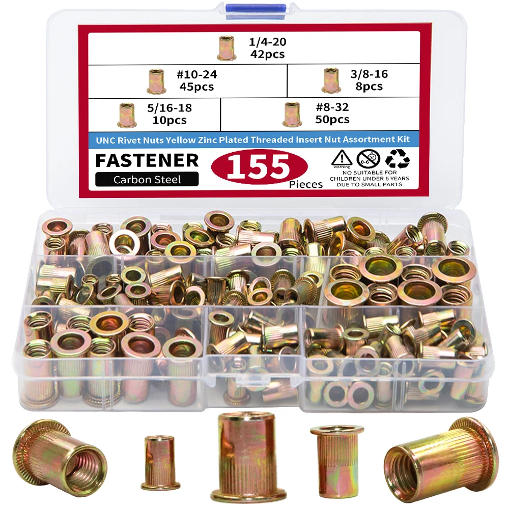 AIMUNOK 100/155Pcs UNC Rivet Nuts Kit High-Carbon Steel, Corrosion-Resistant for Furniture/Car/Crafts, 50Pcs Bulk Loose Included