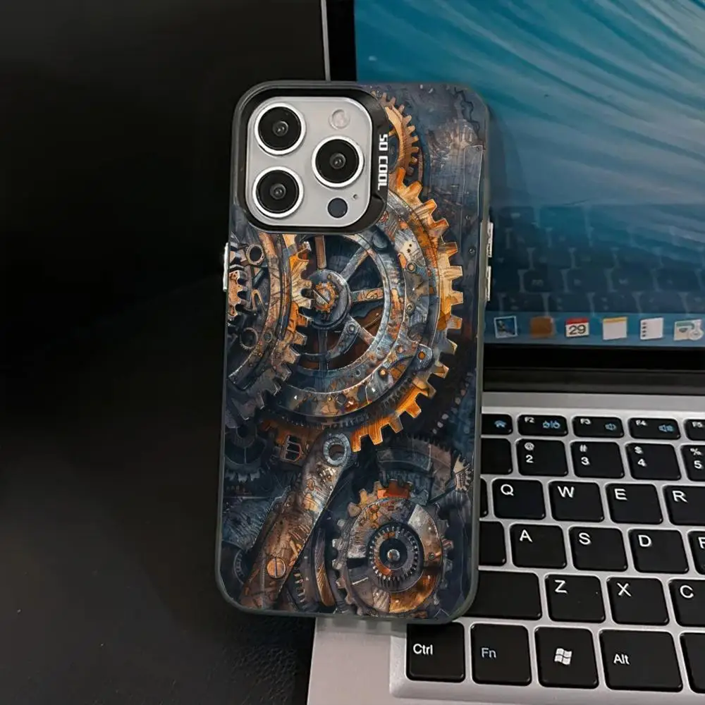 حافظة تروس ميكانيكية لهاتف iPhone17 16 15 14 13 12 11 Pro/ Max/Plus غطاء خلفي مقاوم للصدمات ومضاد لبصمات الأصابع