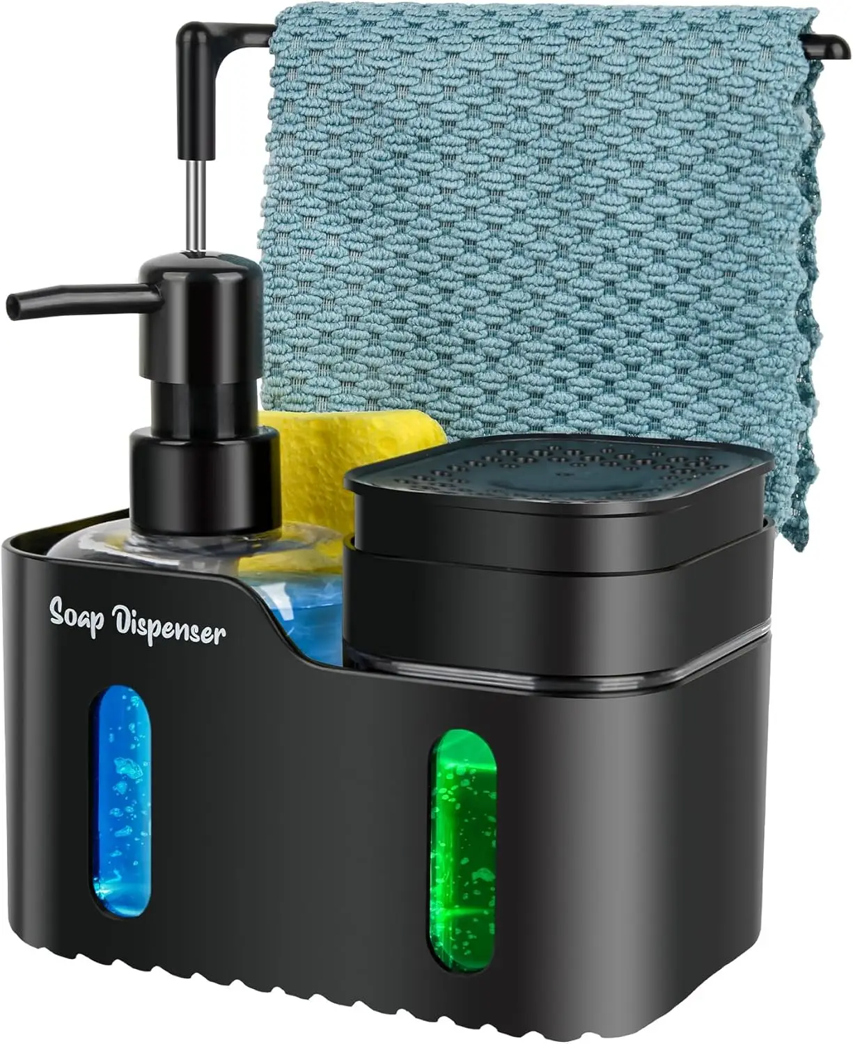 

Dual Soap Dispenser Set with Sponge and Dishcloth Holder, 4-in-1 Kitchen Organizer for Sink Countertop in Black