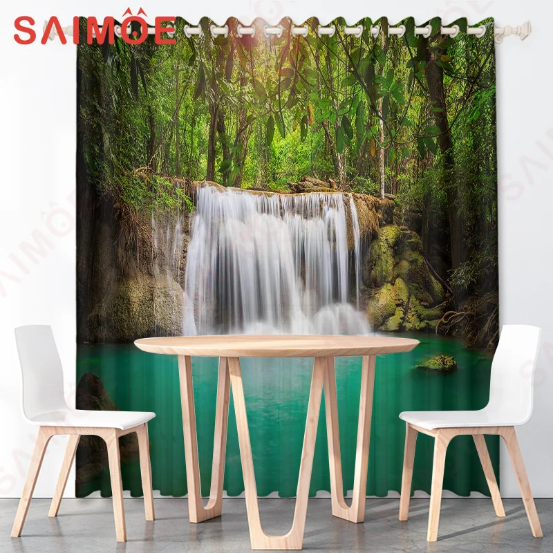 3D Idyllic Natural Scenery Forest Curtains Waterfall Tree Green Plants Custom Thin Polyester Fabric Office Decoration with Hooks