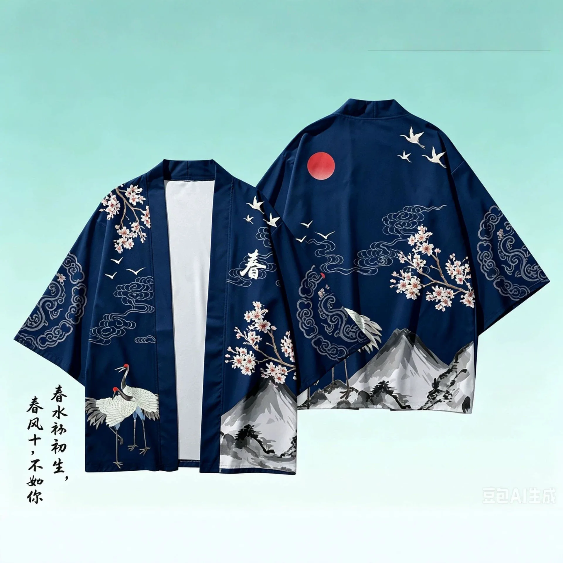 Ukiyo-e Inspired Kimono Robe with Unisex Open Front Outerwear Japanese Style Crane & Wave Cherry Blossom Print Haori Jacket