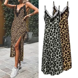 Donsignet Dresses Women Summer Casual Fashion Sexy Leopard Print Split Ends Lace Sleeveless Mid-Calf A-Line