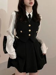 Japanese Preppy Style Three Piece Sets Women Black Vintage Vest + +White Casual Blouse +Mini Pleated Skirt Female Chic Clothes