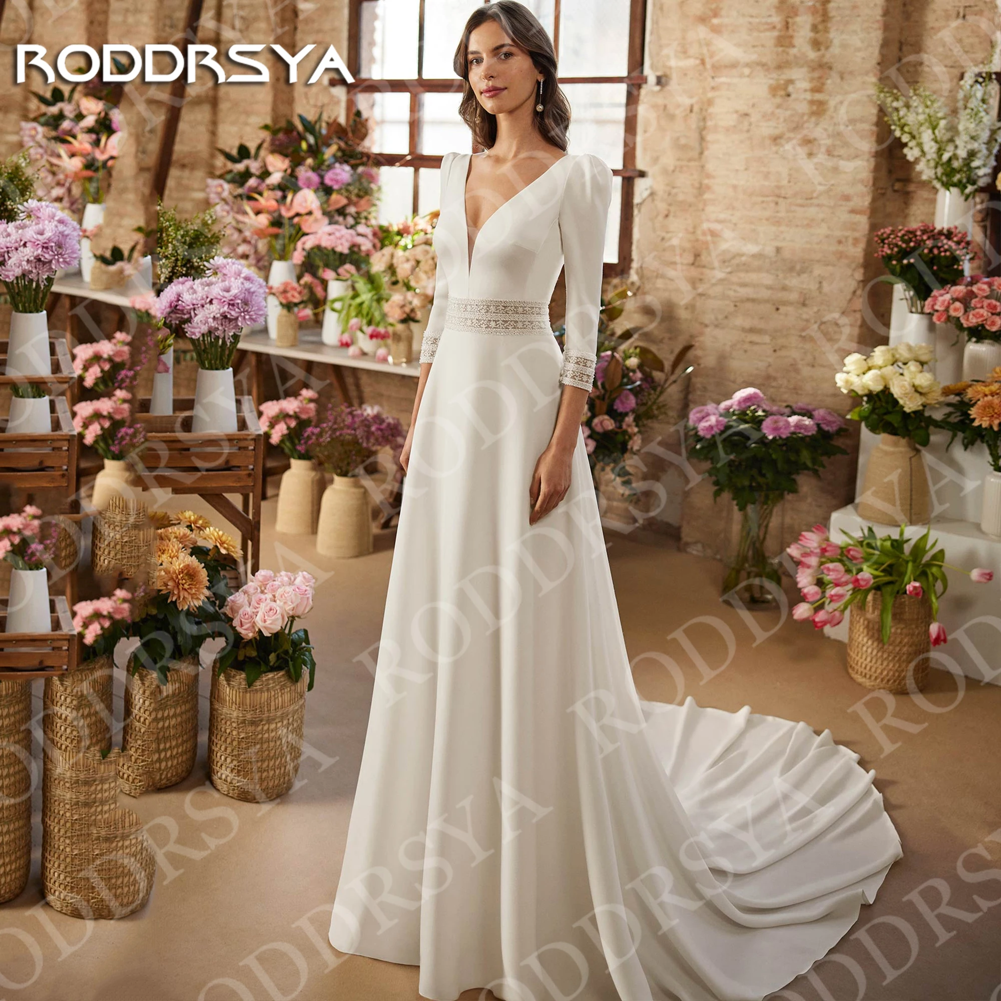 RODDRSYA Crepe A Line Wedding Dress Woman Simple V Neck 3/4 Sleeves Lace Open Back Bridal Dresses Customized Robe De Mariage
