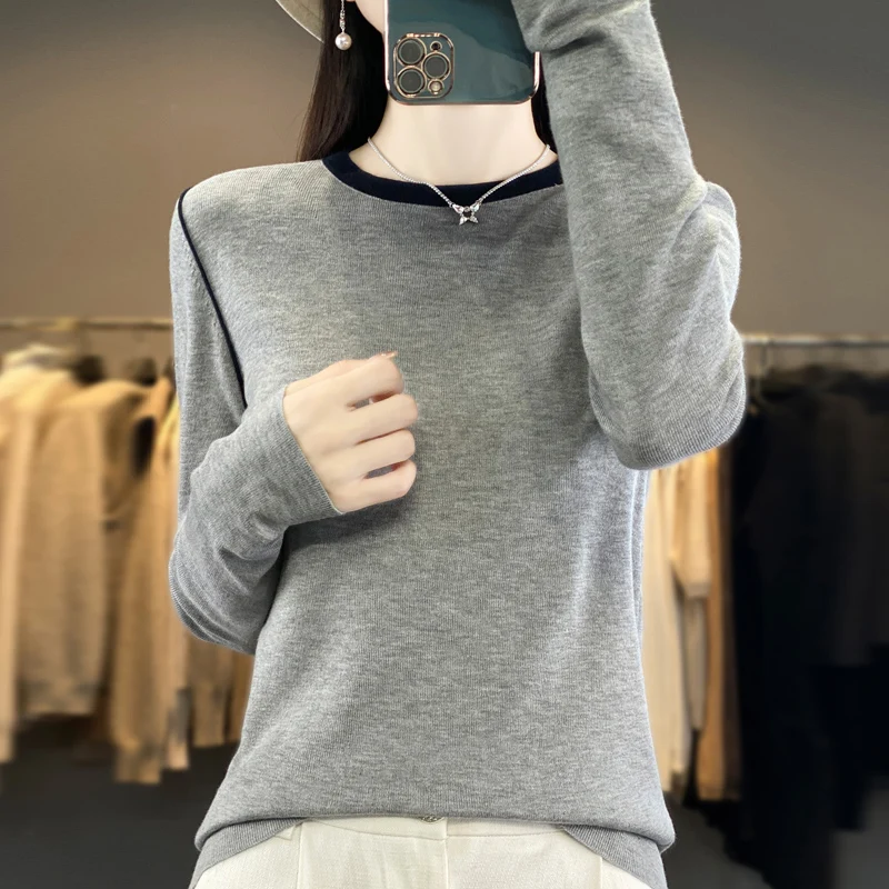 Women's Pullover Spring/Autumn New Wool Sweater Casual Splicing Knitwear Ladies' Clothes Round Neck Blouse Fit Tops