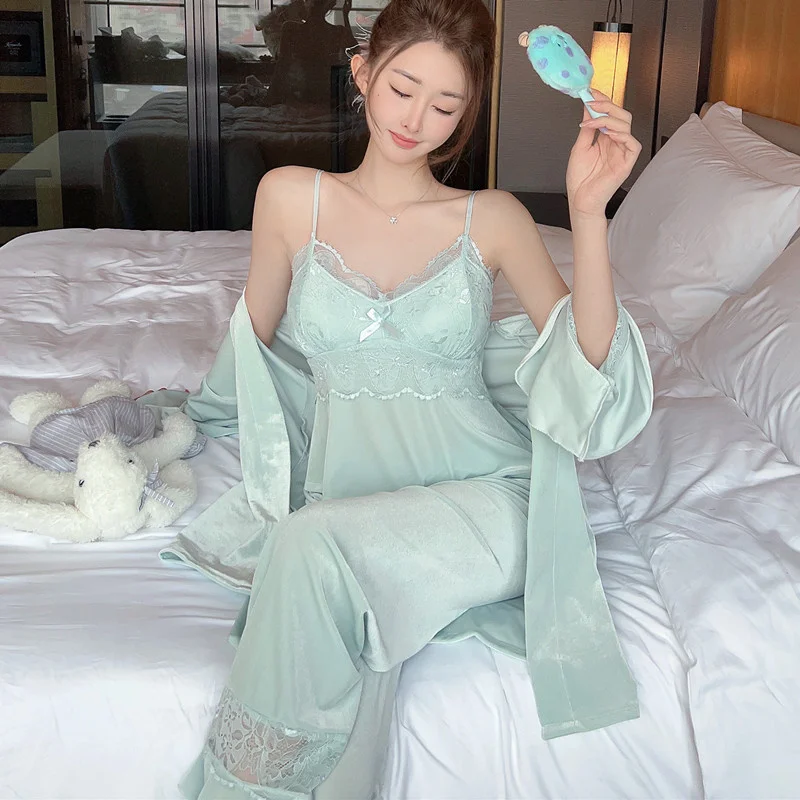 Velour Lace Ice Silk 3pc Sleepwear Set Women Bathrobe Pajamas Home Clothes Velvet Pajamas Suit Casual Lingerie Nightshirts