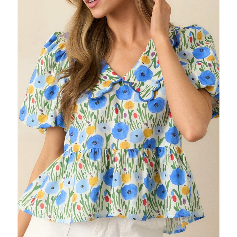 

Combhasaki Women Summer Boho Scalloped Trim Lapel Doll Collar Shirts Short Puff Sleeve Floral Print Ruffle Hem Babydoll Blouses