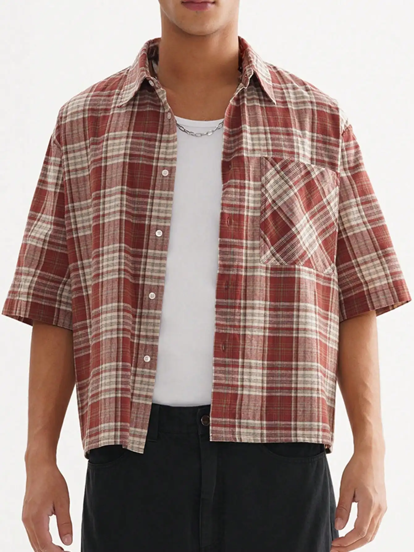 

Men's Loose Fit Short Sleeve Plaid Shirt with Button Front