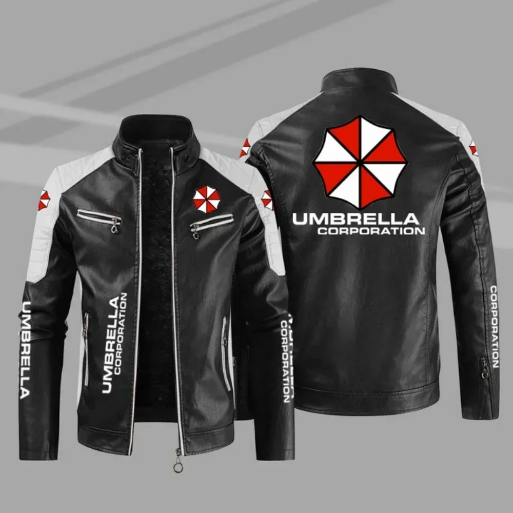 Men's Pu Leather Autumn Winter Umbrella Logo Long Sleeve Zipper Hooded Jacket Fashion Coat