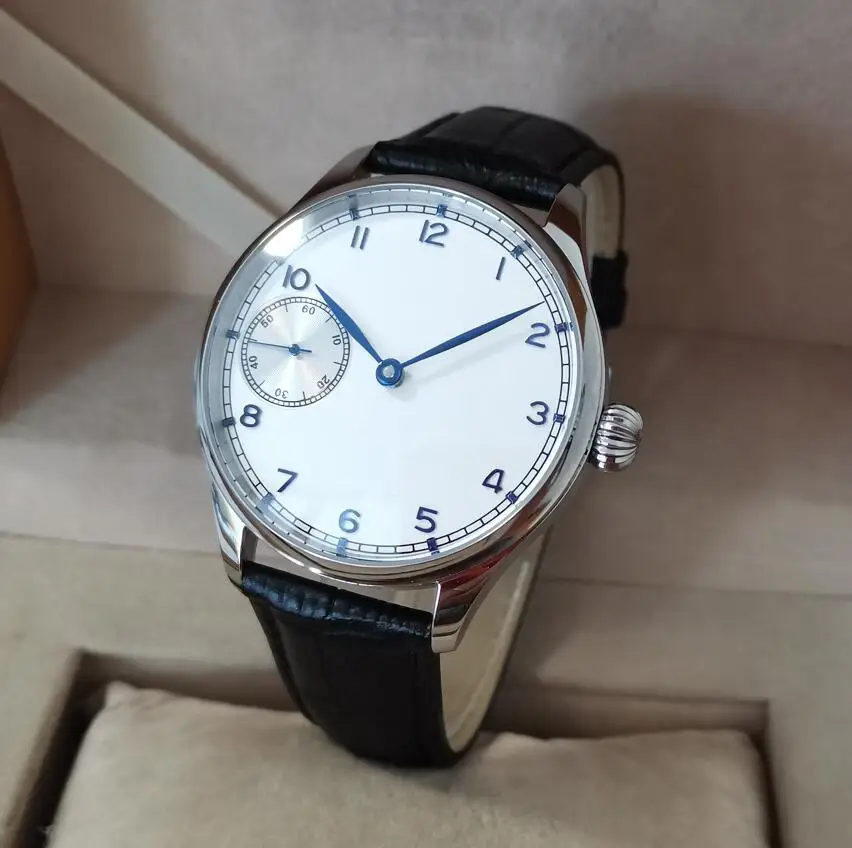 No logo 41mm orologio meccanico manuale da uomo quadrante bianco numero blu movimento a mano blu con gabbiano ST3600