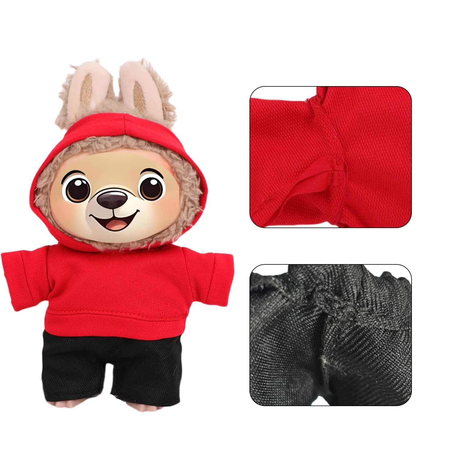 17cm Labubu 인형 옷 정장 빨간색 후드 + 검은 색 반바지 복장 V1 V2 Labubu 소녀 인형 장난감 면화 인형 액세서리