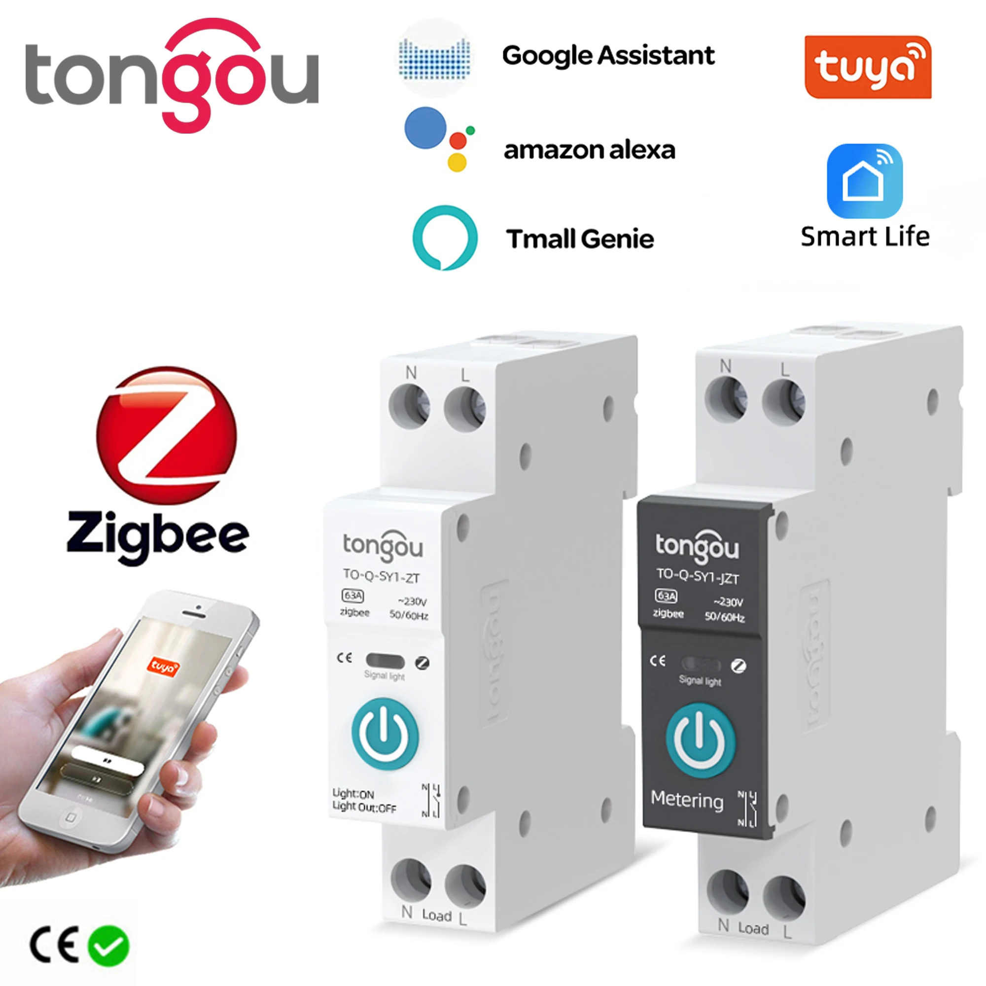 TUYA ZigBee Smart Circuit Breaker Power Metering 1P 63A DIN Rail for Smart Home Wireless Remote Control Smart Switch by APP TONG