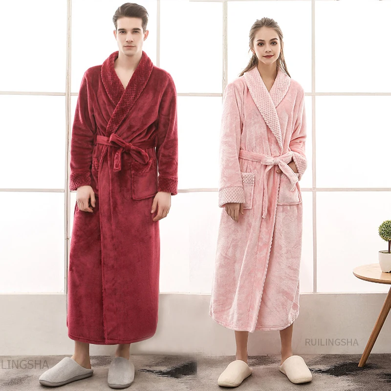 Women Extra Long Thermal Flannel Fur Bathrobe Plus Size Winter Warm Pregnant Bath Robe Zipper Hooded Dressing Gown Men Sleepwear