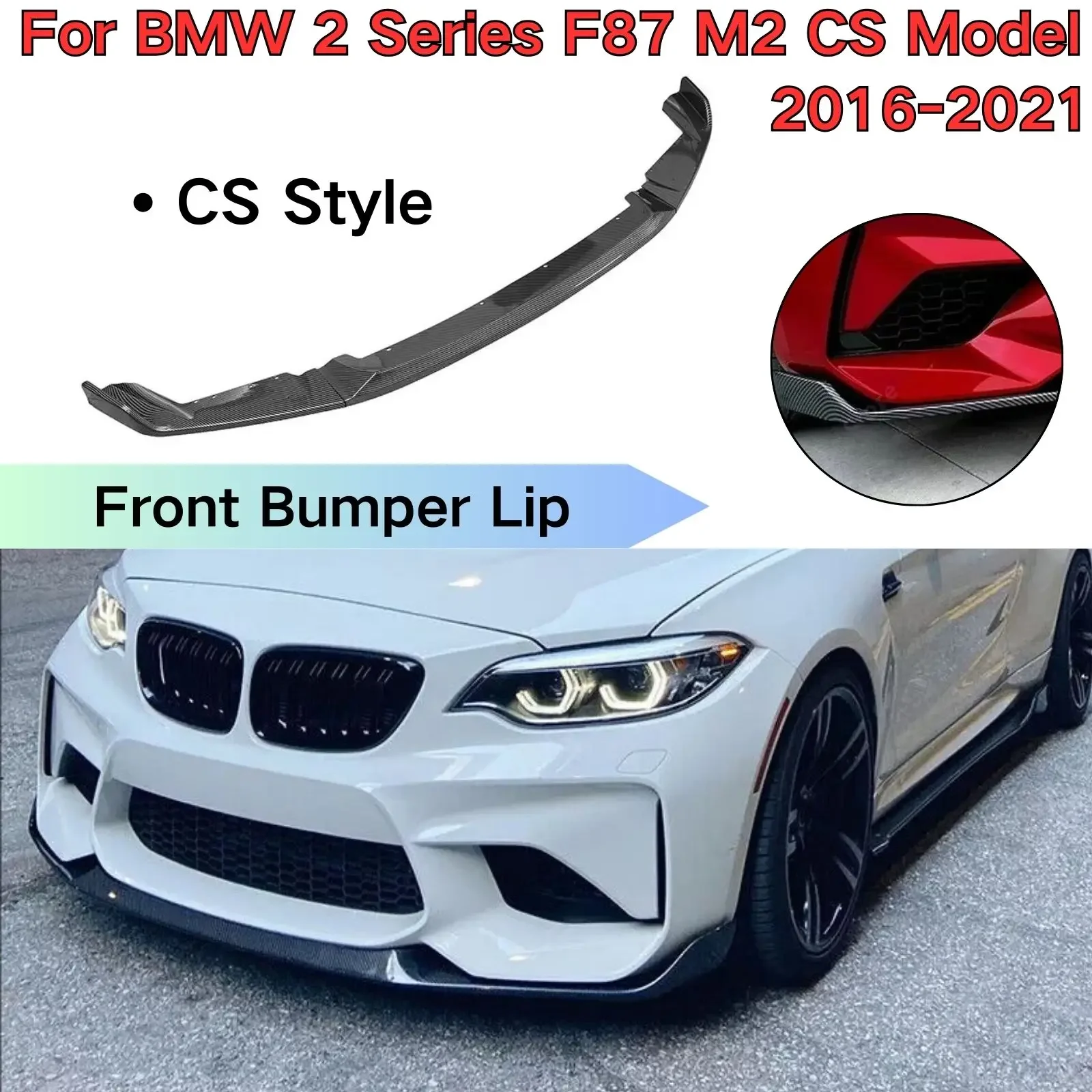 

For BMW F87 M2 2016-2021 CS Style Front Bumper Lip Spoiler Splitter Body Kit Carbon Fiber Look Glossy Black Car Accessories