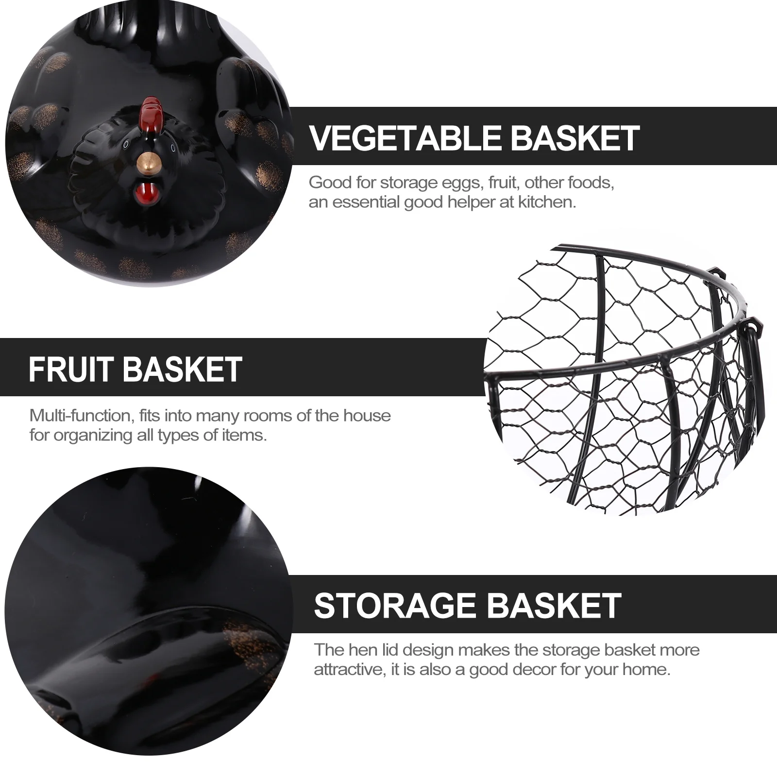 

1Pcs Iron Art Storage Basket Ceramic Hen Lid Kitchen Fruit Vegetable Organizer Egg Holder Home Storage