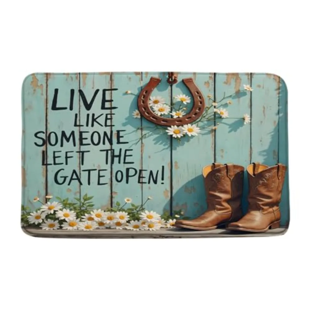 VIKAMA Farmhouse Bath Mat Rustic Faux Wood Plank with Horseshoe Daisy Non-slip Soft for Bathroom