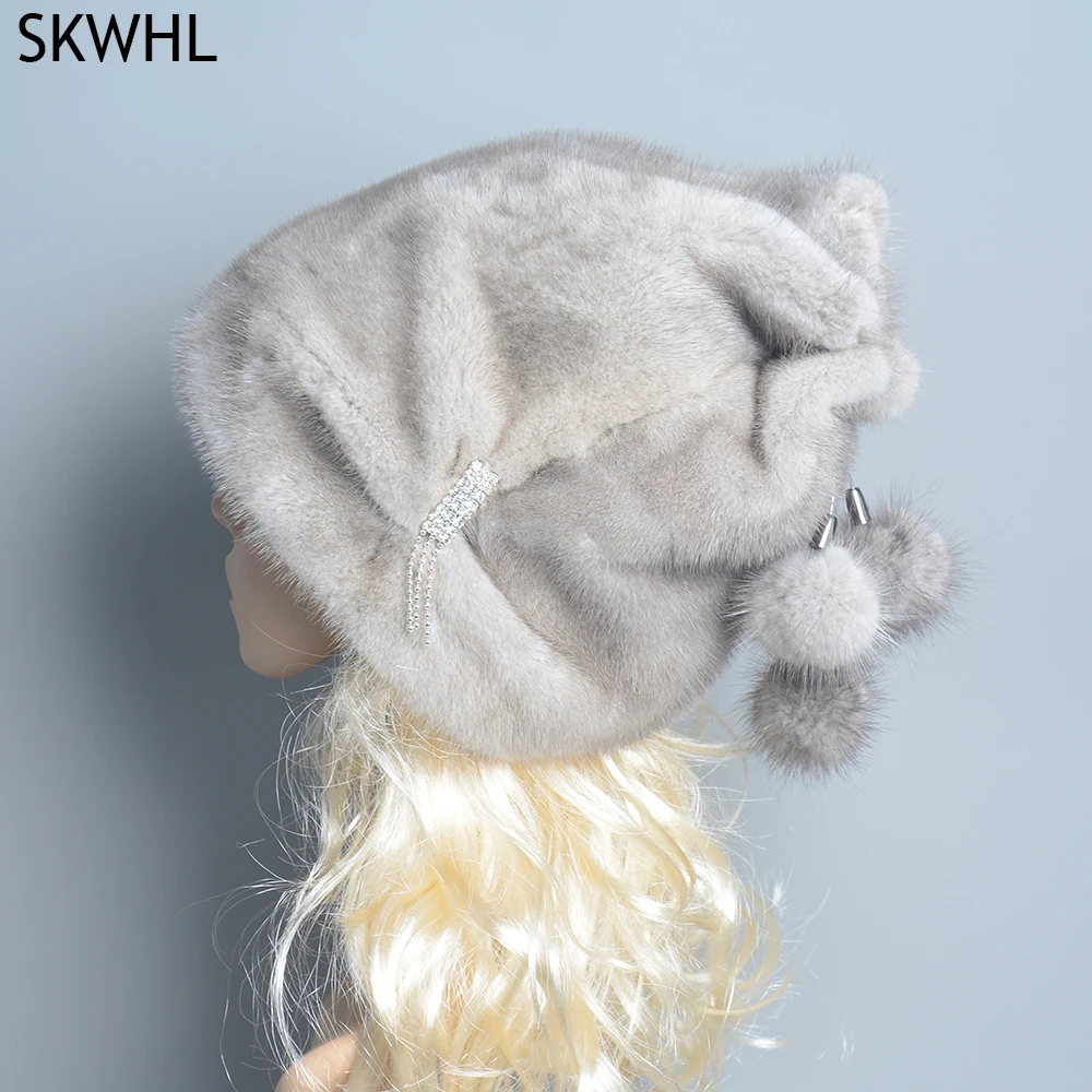 

Hot Sale New Winter Mink Fur Women Hats Real Fur Pompom Female Fashion Cap New Luxurious Mink Fur Lady Beanies