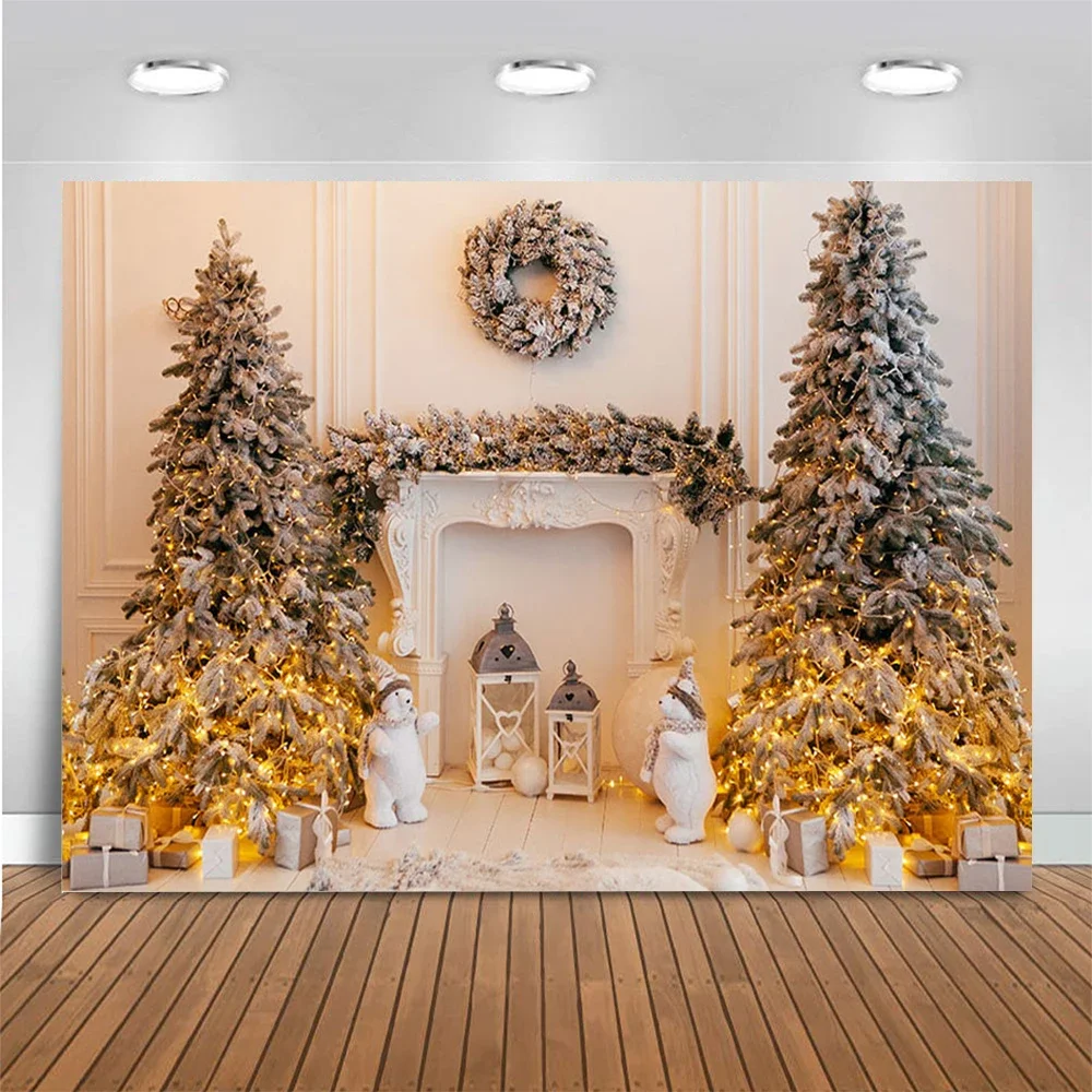 Winter Christmas Tree Fireplace Photography Background Wreath Gift Decoration Backdrops for Photo Studio Backdrop Photocall image 5