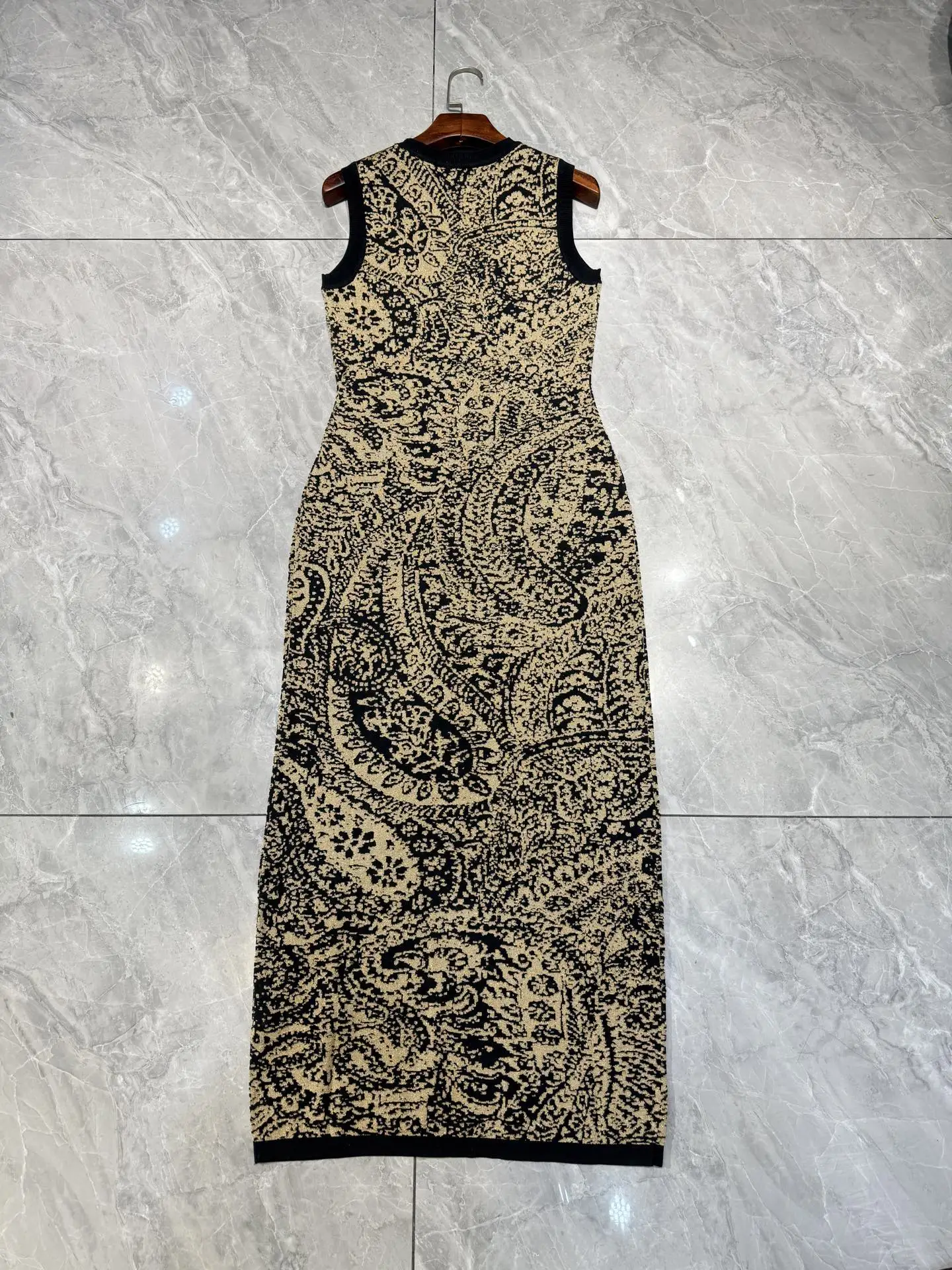 Women Paisley Pattern Knitted Midi Robe Round Neck Sleeveless Vest Long Dress