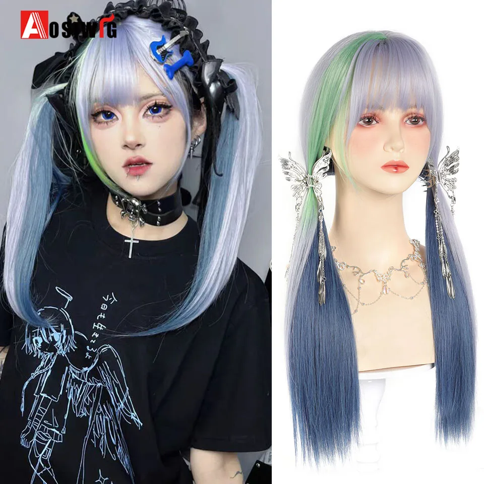 Y2K peruca sintética Lolita cosplay para mulheres, cabelo azul verde, festa cosplay, perucas retas longas, franja tingida destaque