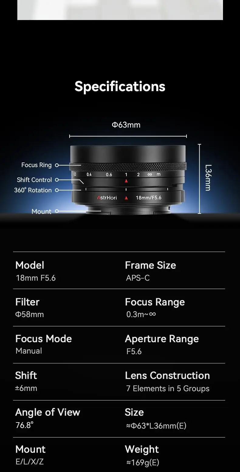 AstrHori 18 mm f5.6 Tilt Shift APS-C Objektiv mit manuellem Fokus für spiegellose Sony E/Z/FX/L-Kameras – Detail 7