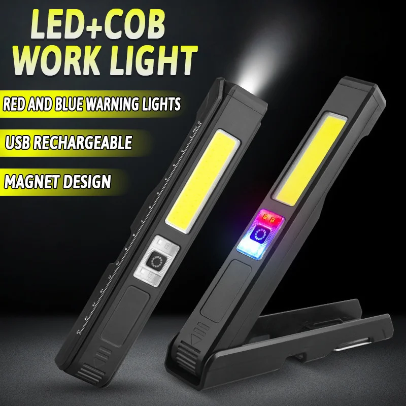 

Супер яркий светодиодный ручной фонарик, перезаряжаемый через USB рабочий свет, уличный портативный крючок, прожектор COB, аварийный красный, синий свет