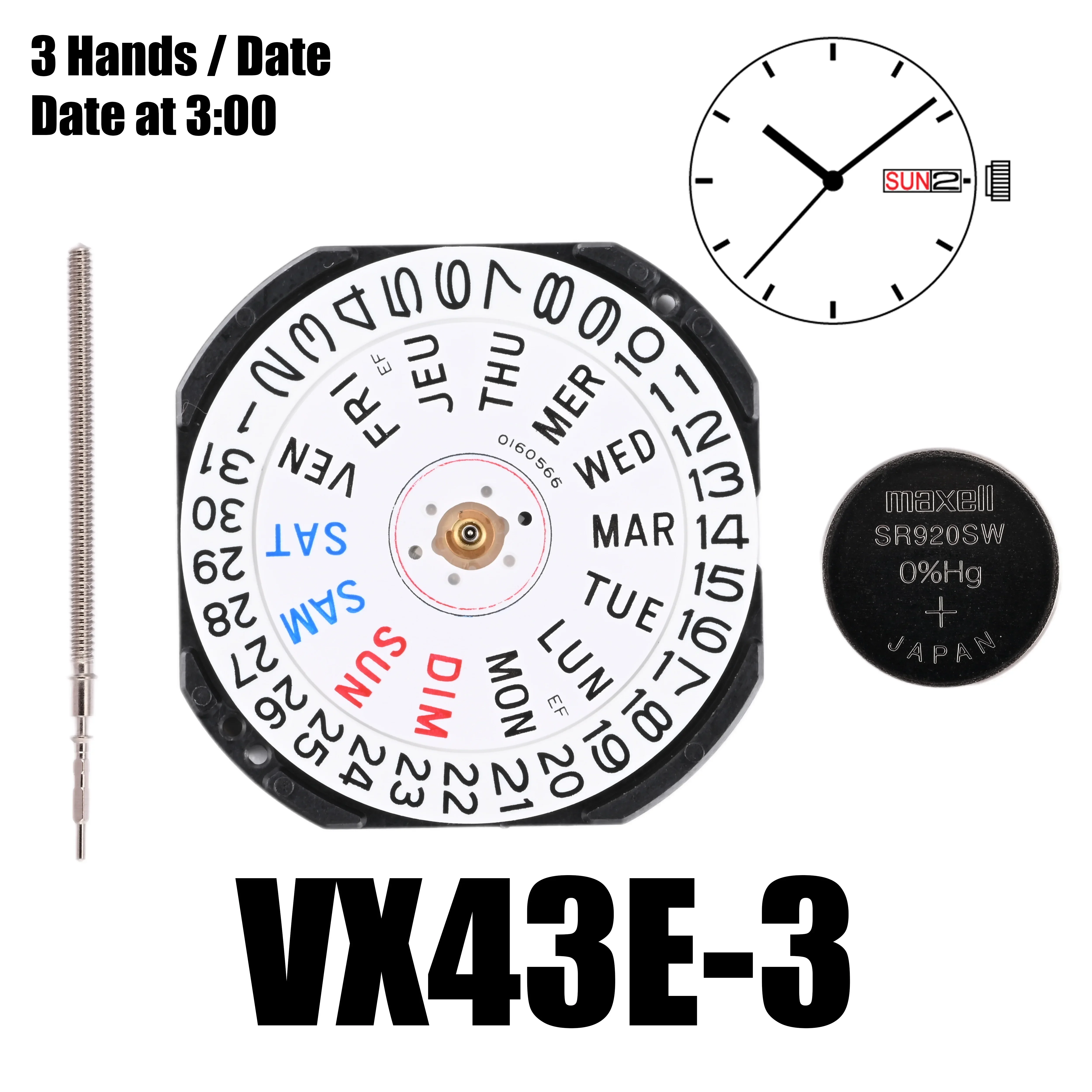 vx43 movement epson VX43E movement japan watch movement VX43E-3 with day-date display at 3 japan movement Spain and English