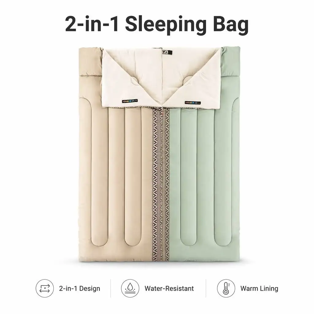 Rectangular Sleeping Bag 3 in 1, Portable with Zipper, Camping Hiking Travel Gear for Adults Outdoor Use