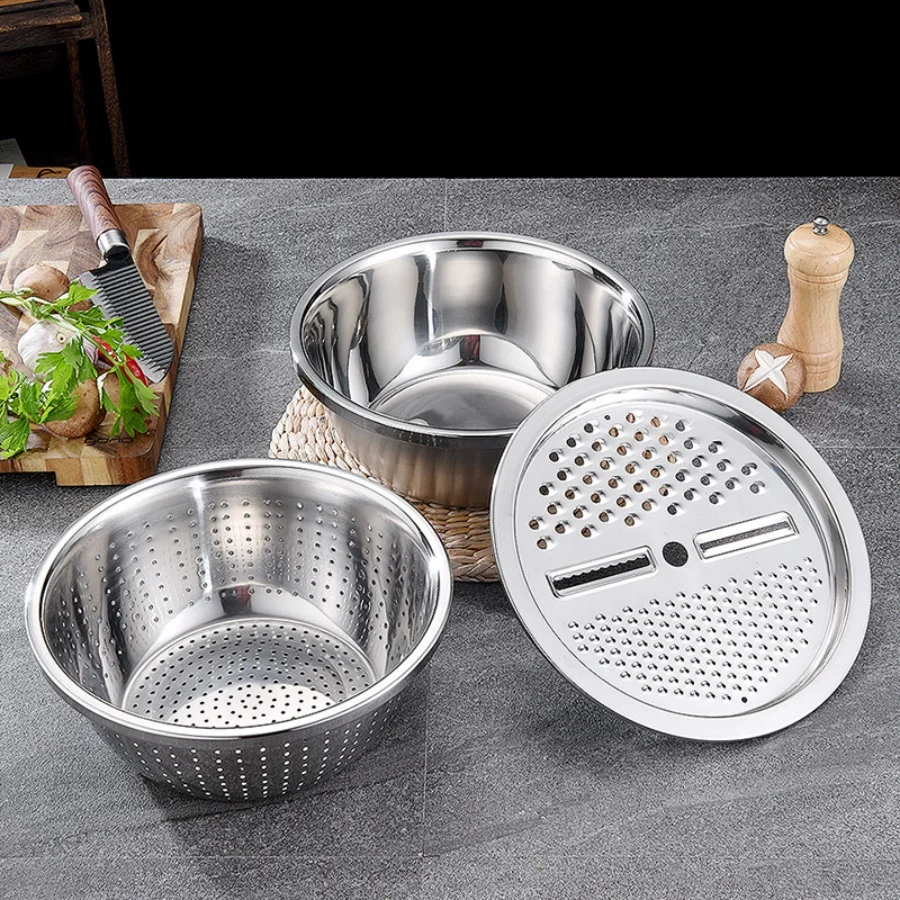 Edelstahl-Rührschüssel-Set, Rührschüssel, 3-in-1 Multifunktionales Edelstahl-Sieb-Set mit Reibe und Sieb