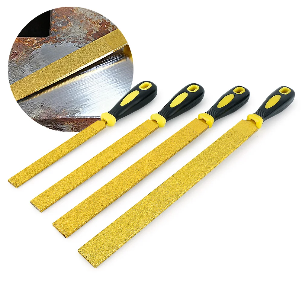 LOZLIN 4Pcs Brazed Diamond File Set 6/8/10/12 Inch Flat Files for Metal Wood Stone Grinding Shaping Rust Removal Gold Colored