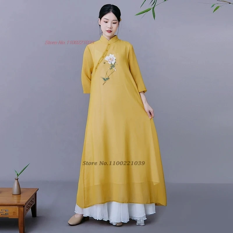 

2025 chinese improved qipao dress vintage dress cheongsam national flower print folk dress oriental elegant meditation dress