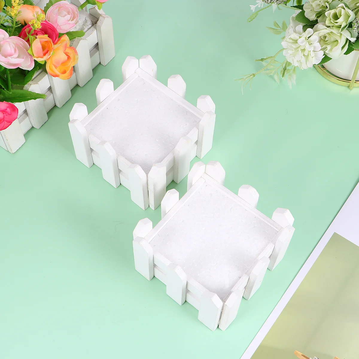 

3 pcs Artificial Flower Pot Set White Wood Fence Design Thickened Leakproof Base For Home Decor Desktop Car Bathroom Use Wooden