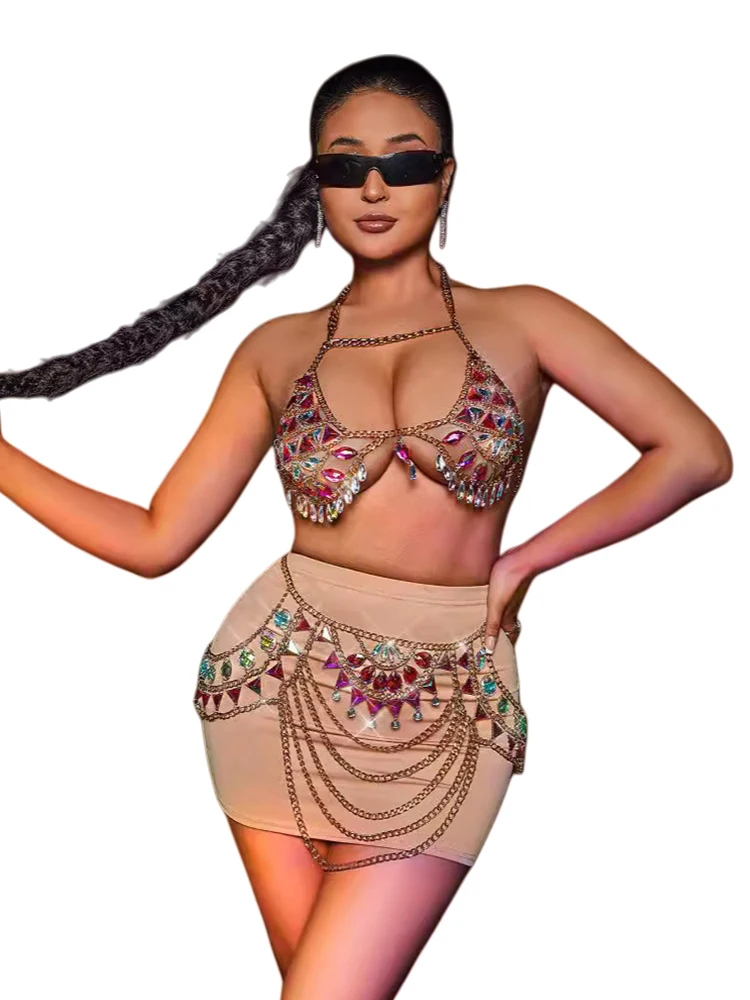 

Металлический комплект из двух предметов с цепочками и камнями, сексуальный, для ночного клуба и музыкальных фестивалей, с высокой талией, на молнии, модный, элегантный