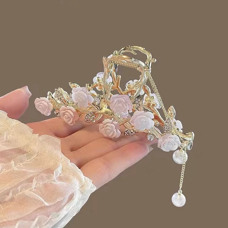 Elegant Rose Pearls Tassel Grabber 4.5Inch Large Size Metal Shark Clip Spring and Summer Super Fairy Women Back Head Headwear