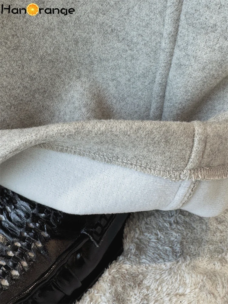 HanOrange 2025 Inverno Semplice con cintura Pantaloni in lana composita a gamba larga Pantaloni raddrizzanti da donna Albicocca/Grigio chiaro