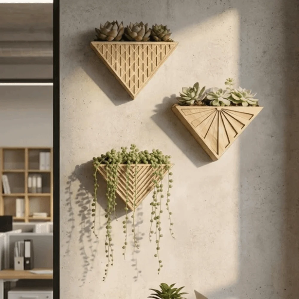 Plant Holder Modern Wooden Triangle Wall Planter Minimalist Decorative Geometric Flower Pot Handmade Succulent Pot Indoor