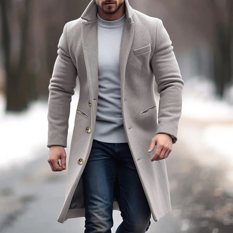 New mens mid length woolen coat, winter men's single breasted wool coat, 2024 mens suit collar, solid color office pocket jacket